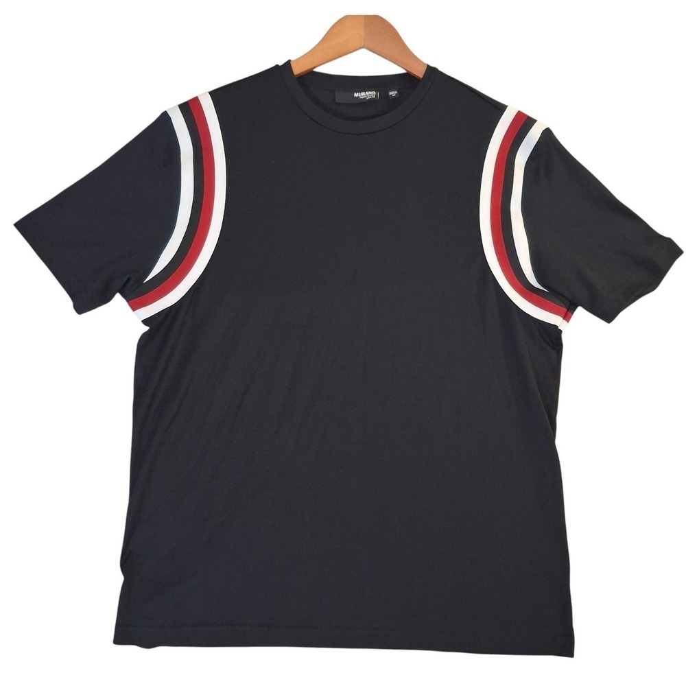 Murano Liquid Luxury Men's Medium Slim Fit Black T-Shirt‎ Red White Stripe Trim